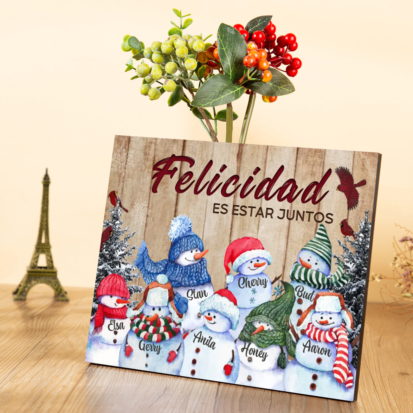A mi familia-Lámina de madera Feliz Navidad muñecos de nieve personalizada con 8 nombres y 2 textos | Jessemade
