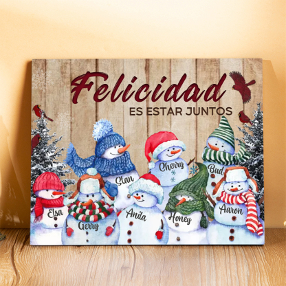 A mi familia-Lámina de madera Feliz Navidad muñecos de nieve personalizada con 8 nombres y 2 textos | Jessemade