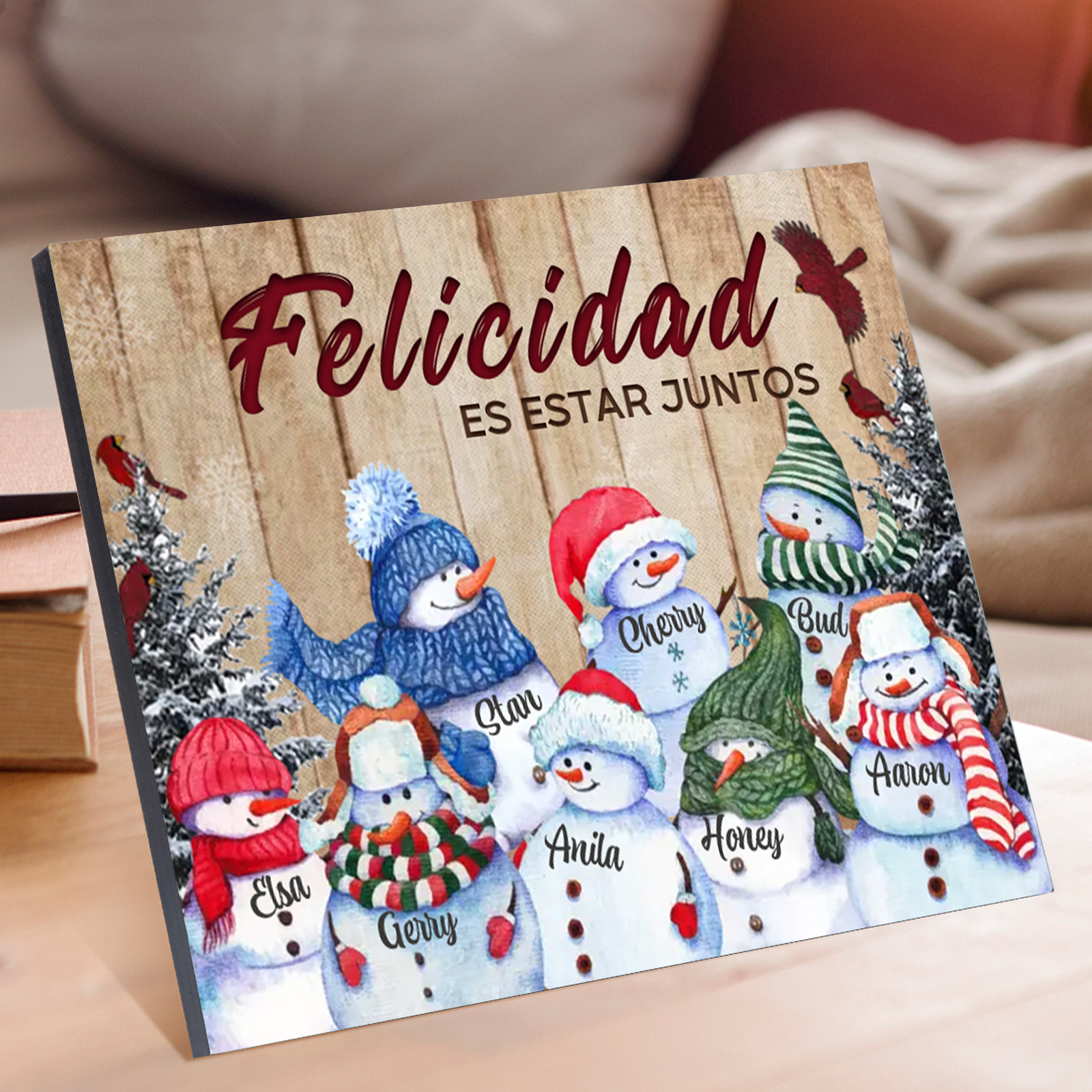 A mi familia-Lámina de madera Feliz Navidad muñecos de nieve personalizada con 8 nombres y 2 textos | Jessemade