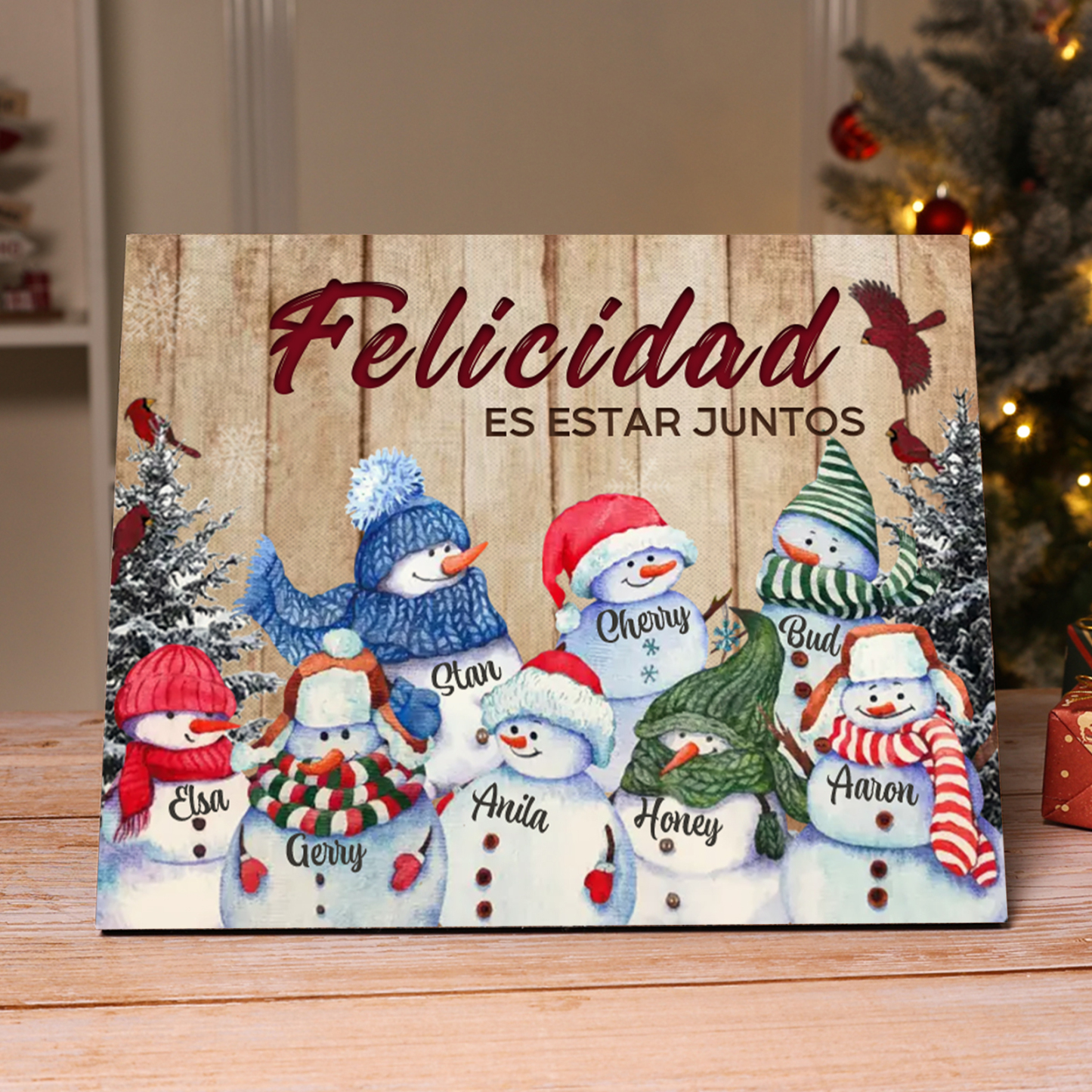 A mi familia-Lámina de madera Feliz Navidad muñecos de nieve personalizada con 8 nombres y 2 textos | Jessemade
