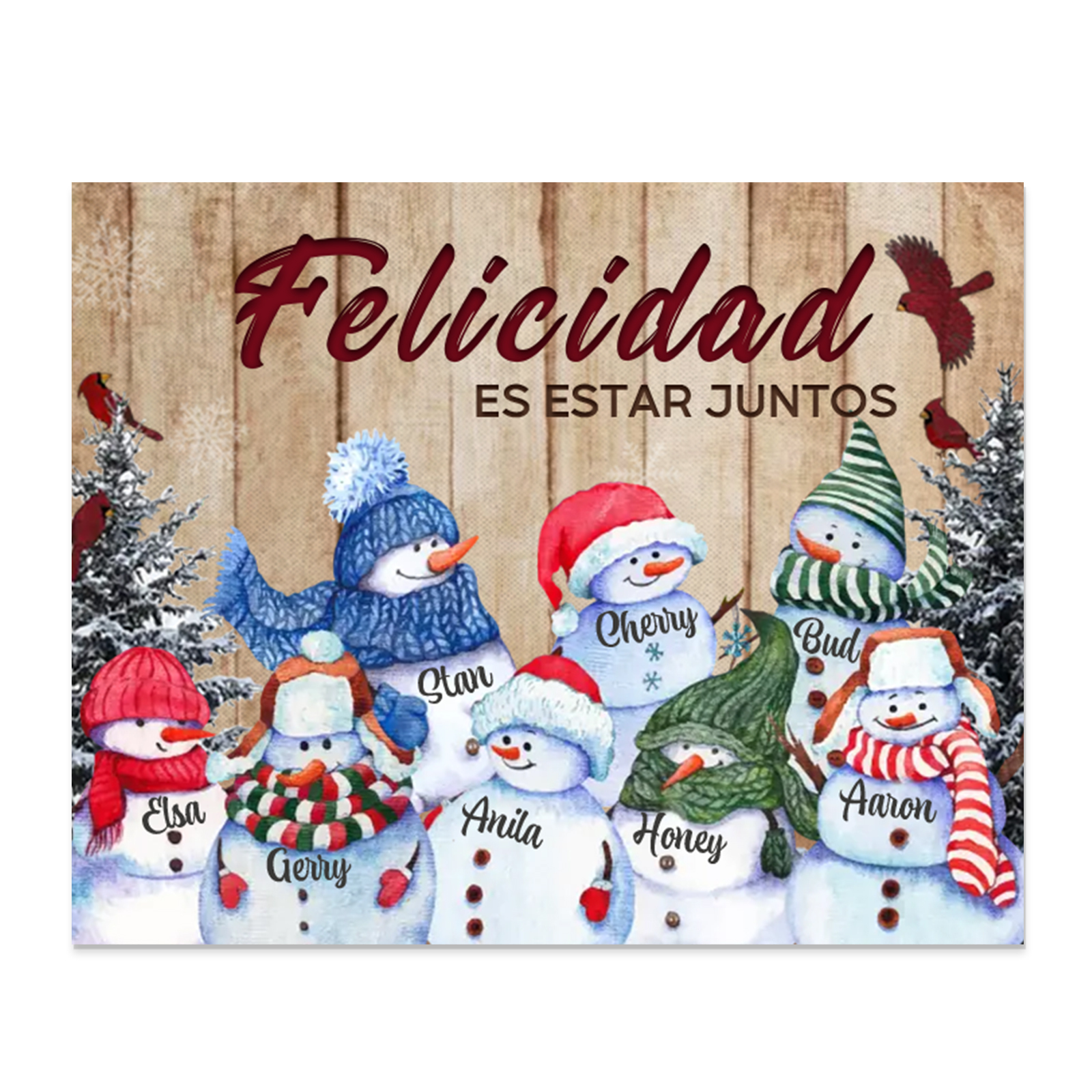 A mi familia-Lámina de madera Feliz Navidad muñecos de nieve personalizada con 8 nombres y 2 textos | Jessemade