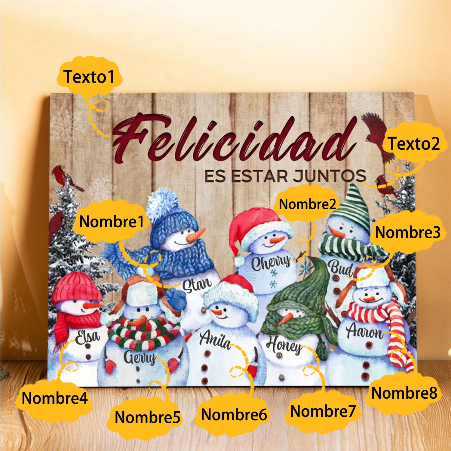 A mi familia-Lámina de madera Feliz Navidad muñecos de nieve personalizada con 8 nombres y 2 textos | Jessemade