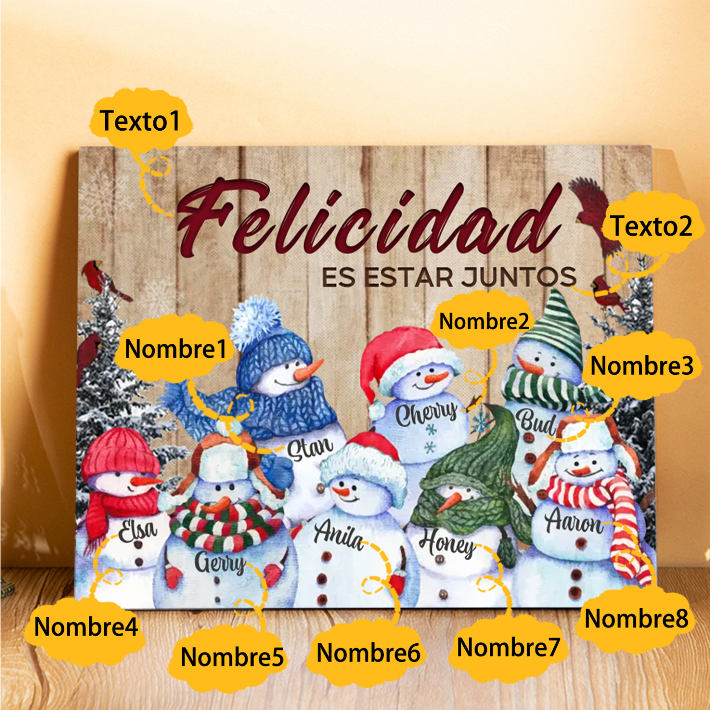 A mi familia-Lámina de madera Feliz Navidad muñecos de nieve personalizada con 8 nombres y 2 textos | Jessemade