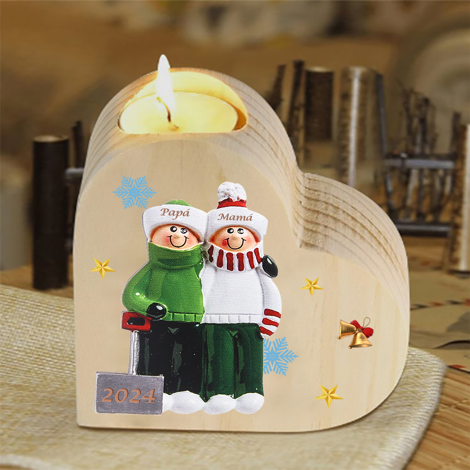 Navidad - Candelero de corazón de madera familia personalizado con 2 nombres y año sin vela | Jessemade