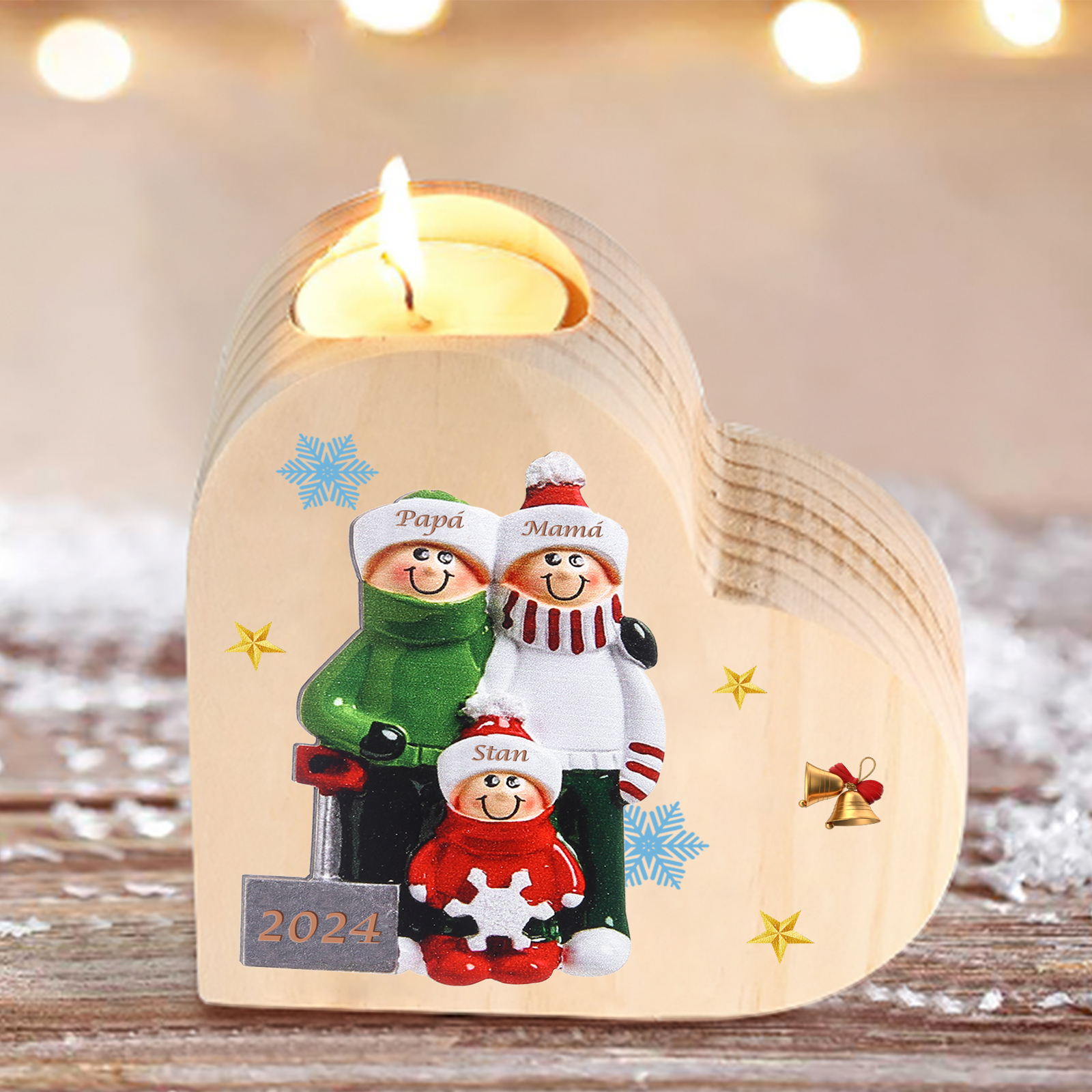 Navidad - Candelero de corazón de madera familia personalizado con 3 nombres y año sin vela | Jessemade