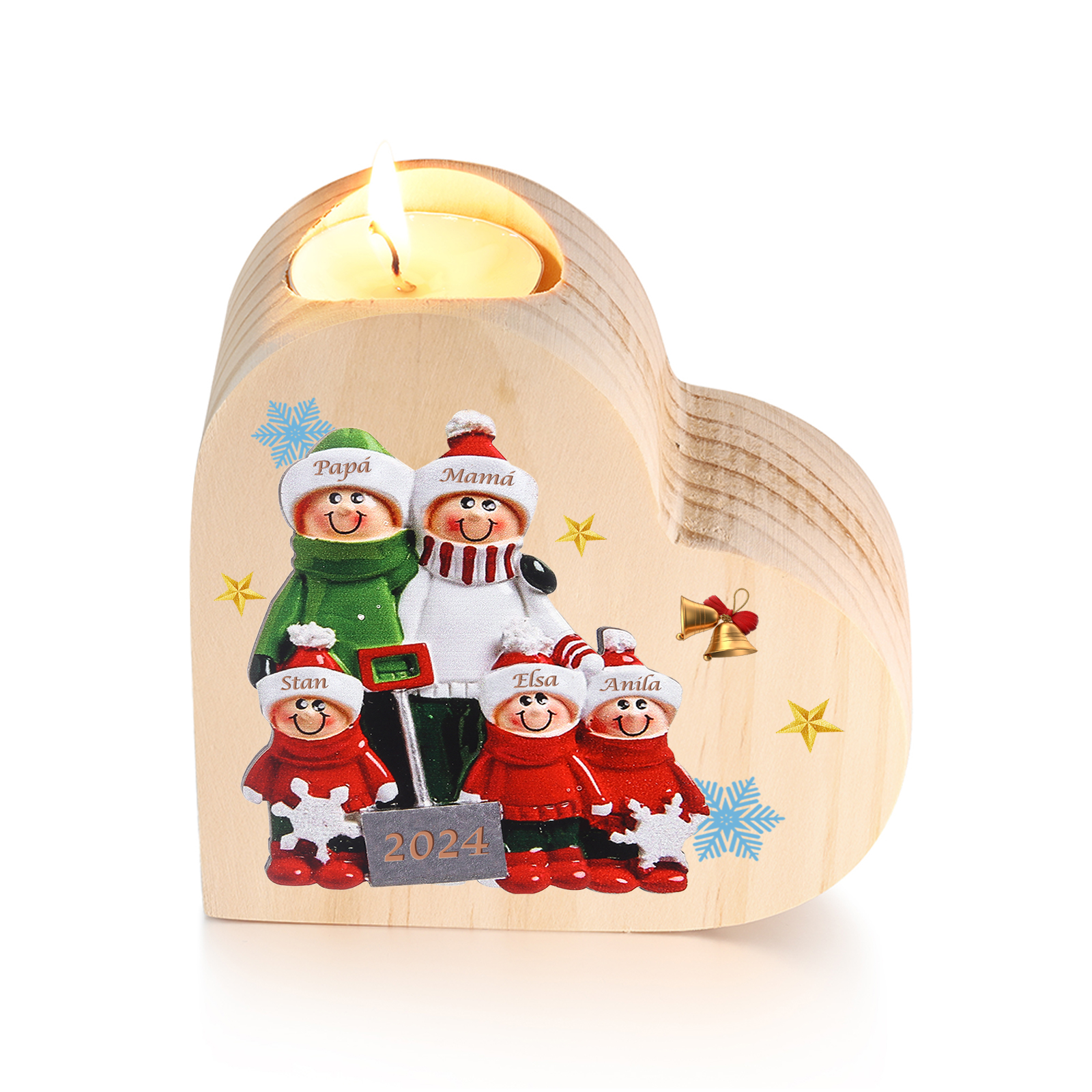 Navidad - Candelero de corazón de madera familia personalizado con 5 nombres y año sin vela | Jessemade