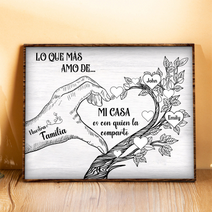 A la familia-Lámina de madera mano y árbol con corazones personalizados de 2 nombres con texto | Jessemade