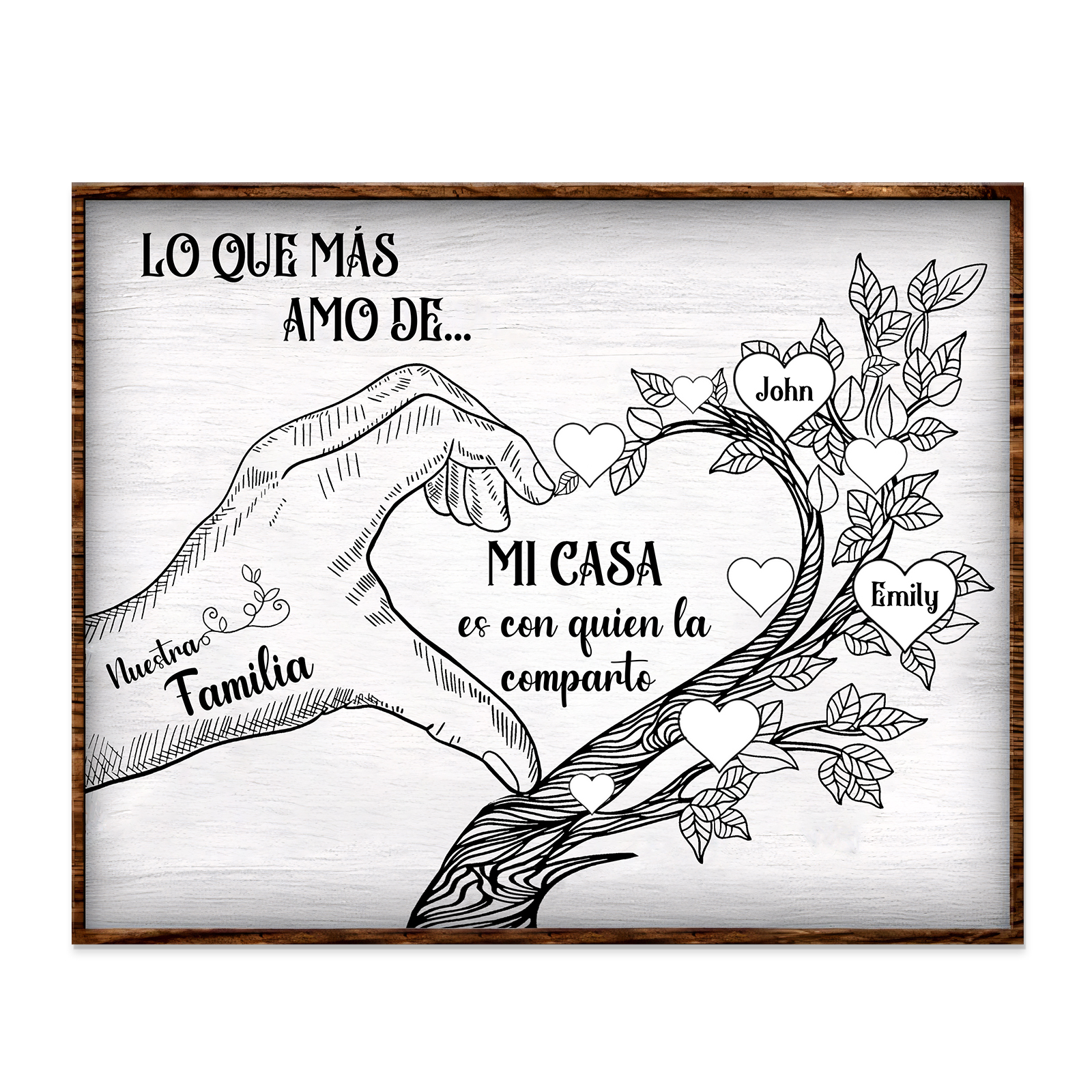 A la familia-Lámina de madera mano y árbol con corazones personalizados de 2 nombres con texto | Jessemade