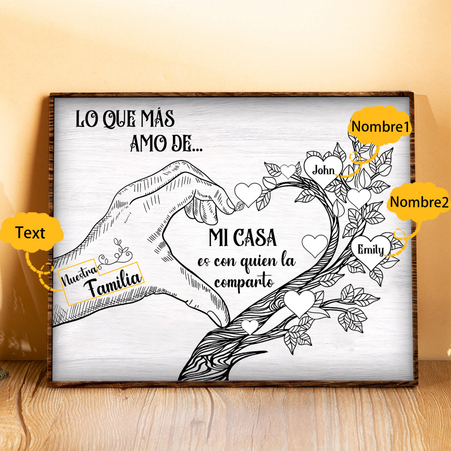 A la familia-Lámina de madera mano y árbol con corazones personalizados de 2 nombres con texto | Jessemade