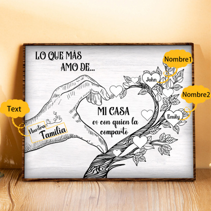 A la familia-Lámina de madera mano y árbol con corazones personalizados de 2 nombres con texto | Jessemade
