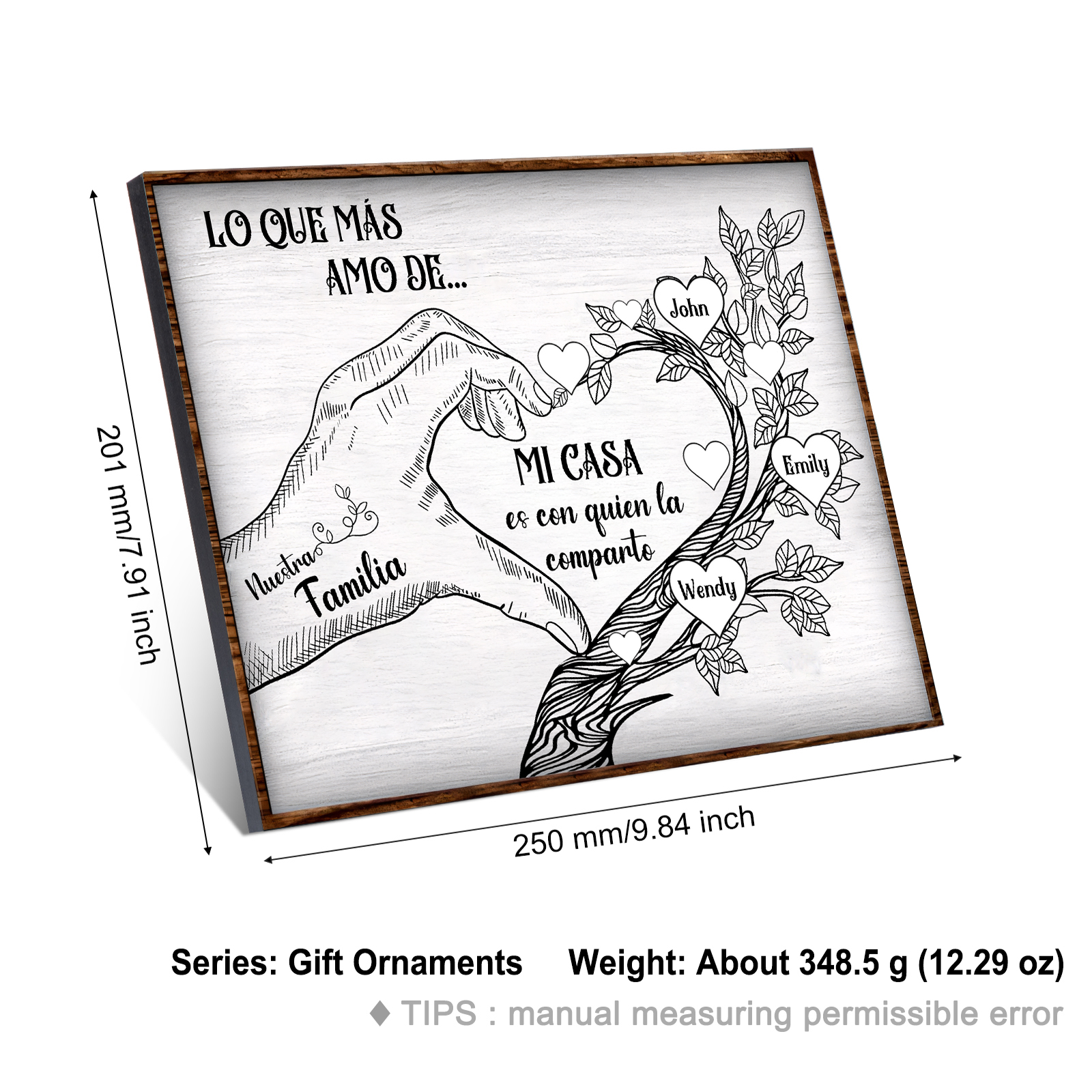 A la familia-Lámina de madera mano y árbol con corazones personalizados de 3 nombres con texto | Jessemade
