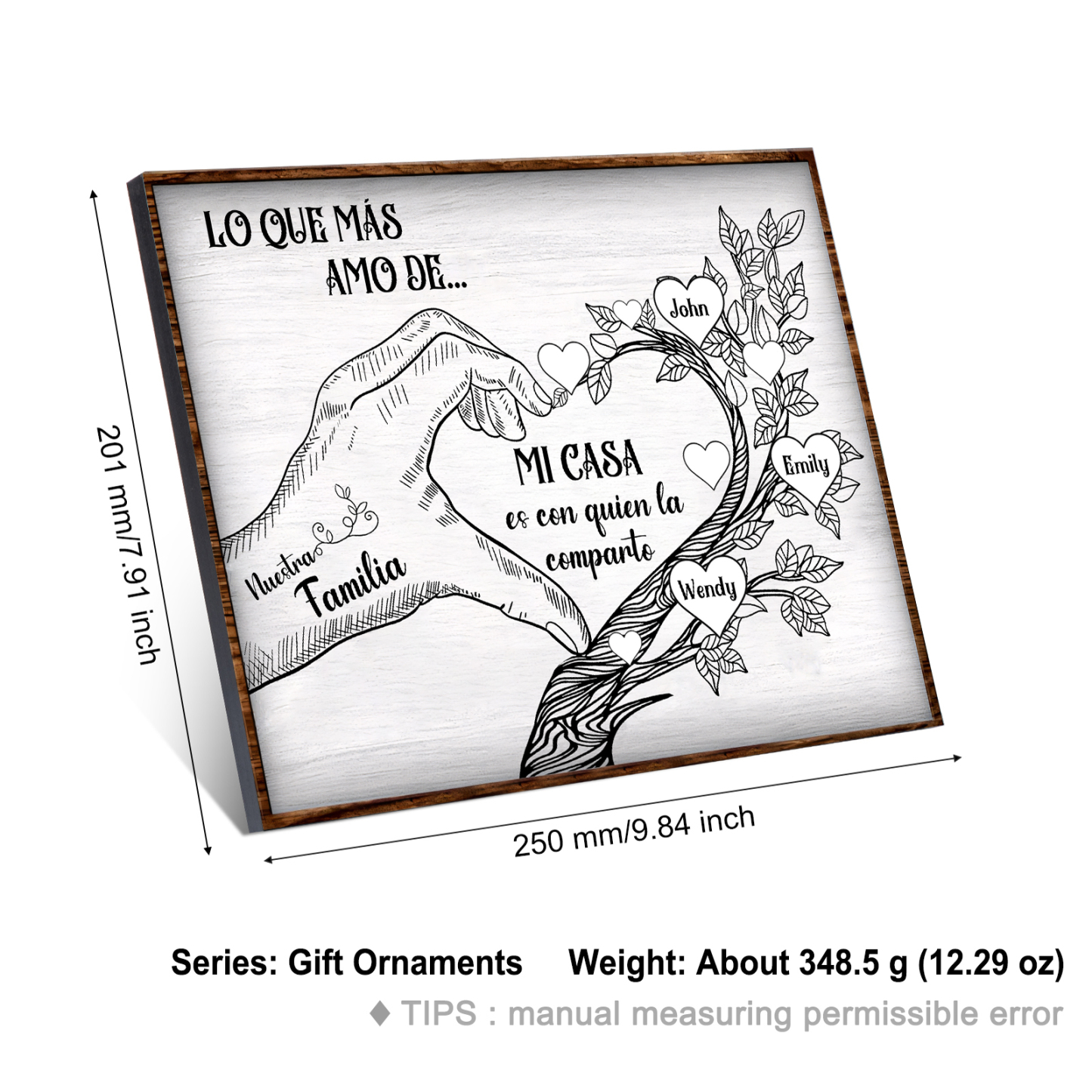 A la familia-Lámina de madera mano y árbol con corazones personalizados de 3 nombres con texto | Jessemade