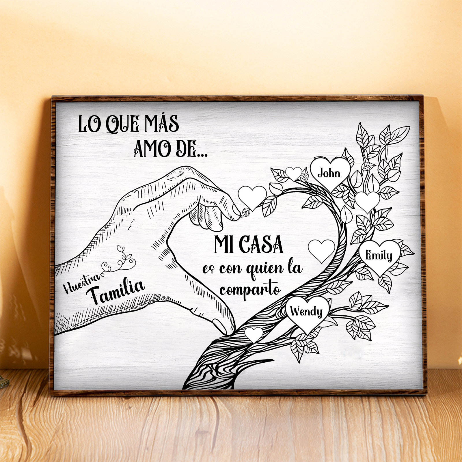A la familia-Lámina de madera mano y árbol con corazones personalizados de 3 nombres con texto | Jessemade