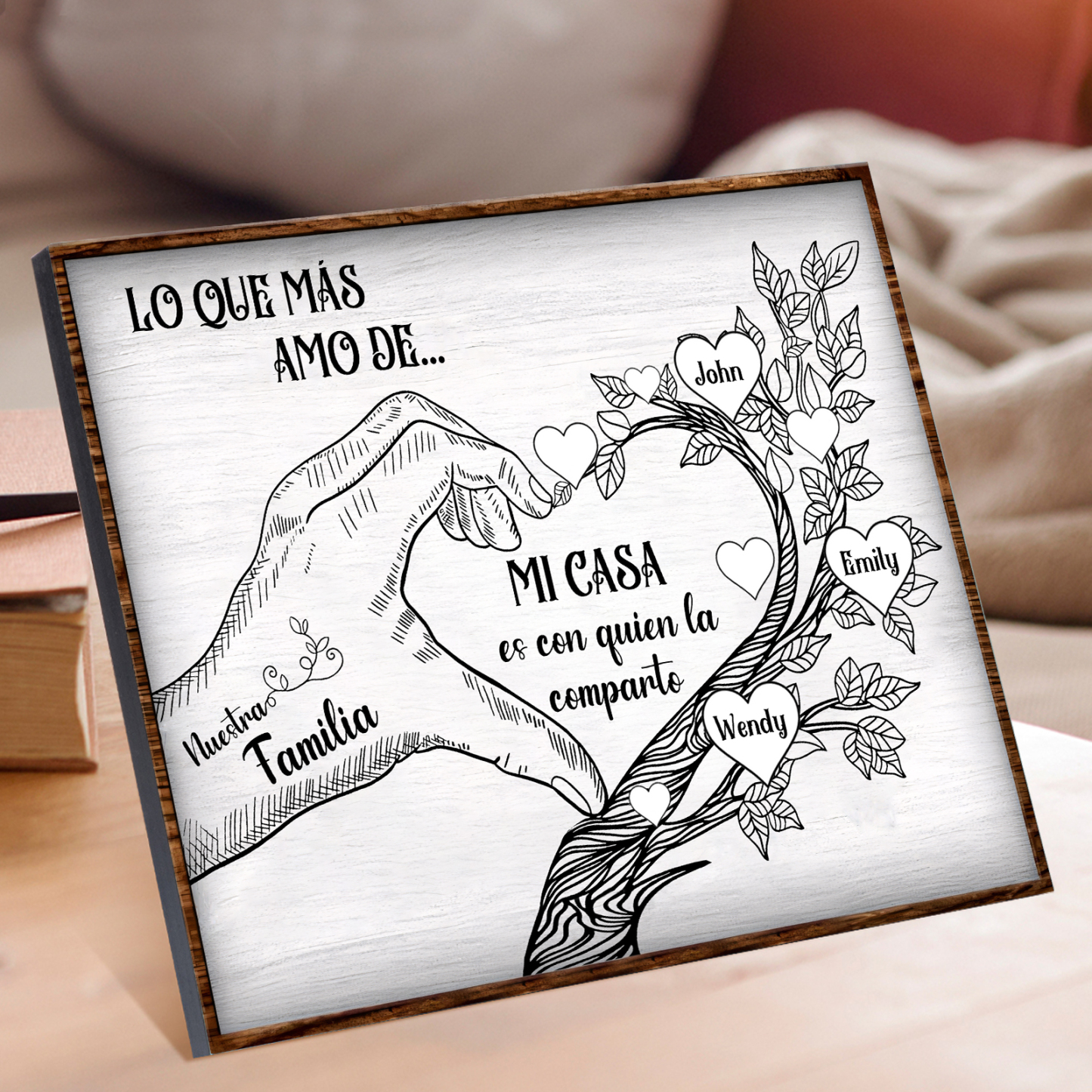 A la familia-Lámina de madera mano y árbol con corazones personalizados de 3 nombres con texto | Jessemade