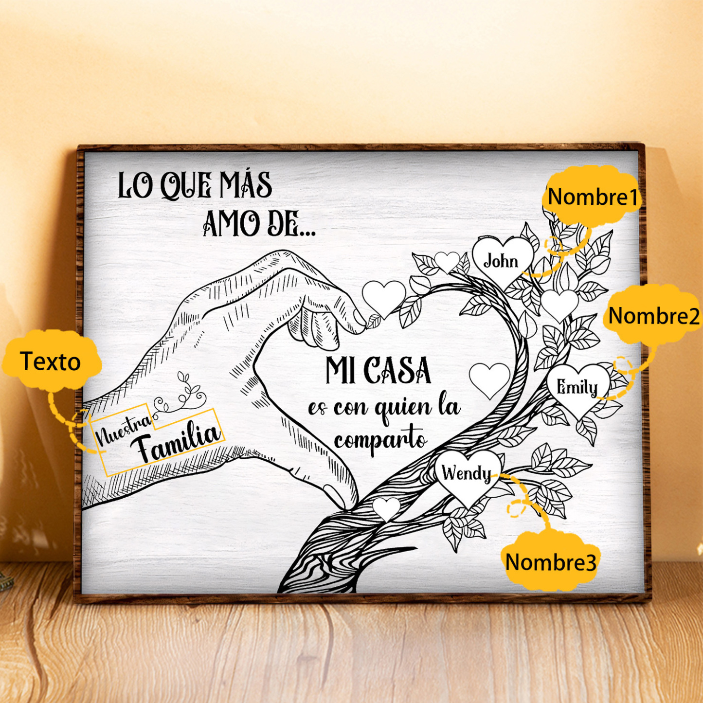 A la familia-Lámina de madera mano y árbol con corazones personalizados de 3 nombres con texto | Jessemade