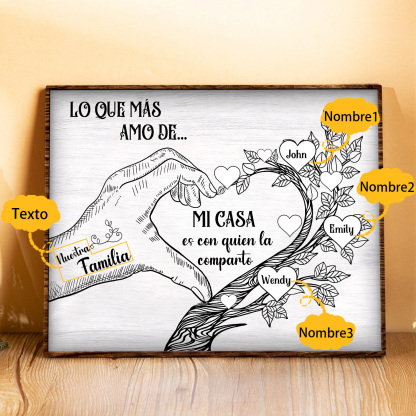 A la familia-Lámina de madera mano y árbol con corazones personalizados de 3 nombres con texto | Jessemade