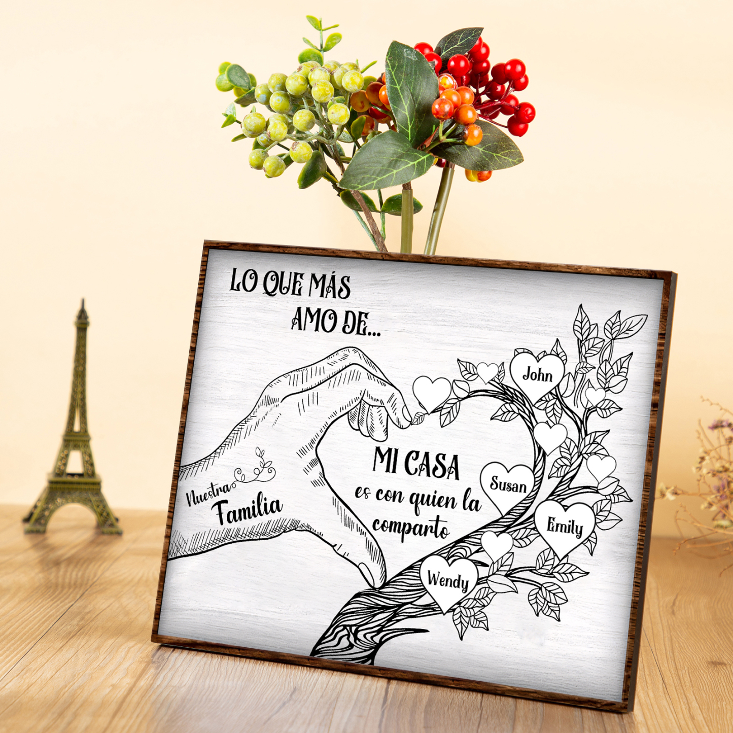 A la familia-Lámina de madera mano y árbol con corazones personalizados de 4 nombres con texto | Jessemade