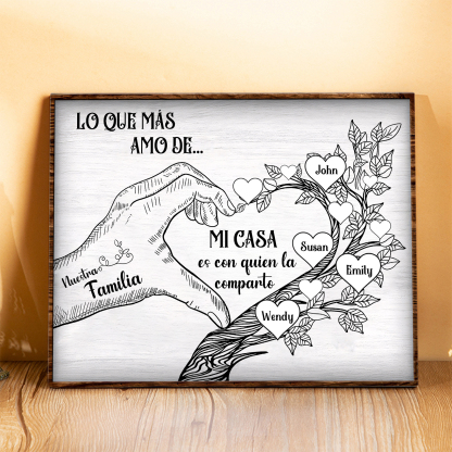 A la familia-Lámina de madera mano y árbol con corazones personalizados de 4 nombres con texto | Jessemade
