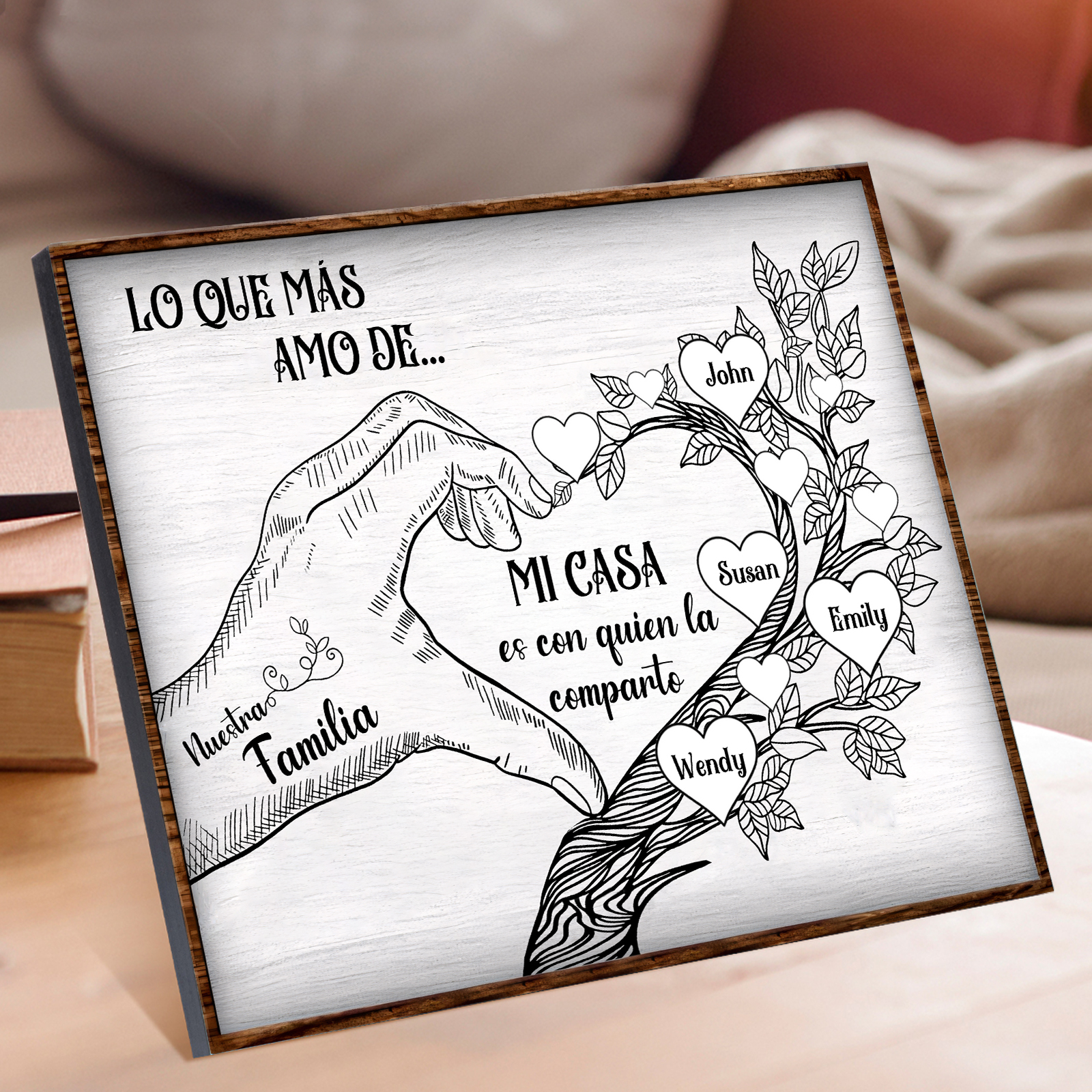A la familia-Lámina de madera mano y árbol con corazones personalizados de 4 nombres con texto | Jessemade