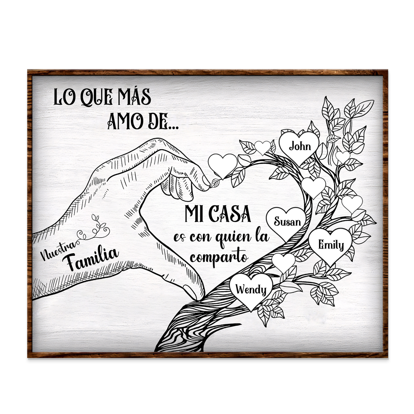 A la familia-Lámina de madera mano y árbol con corazones personalizados de 4 nombres con texto | Jessemade