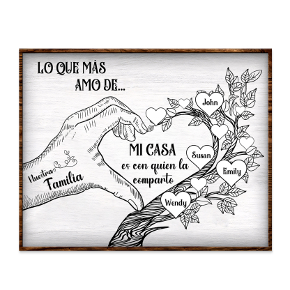 A la familia-Lámina de madera mano y árbol con corazones personalizados de 4 nombres con texto | Jessemade