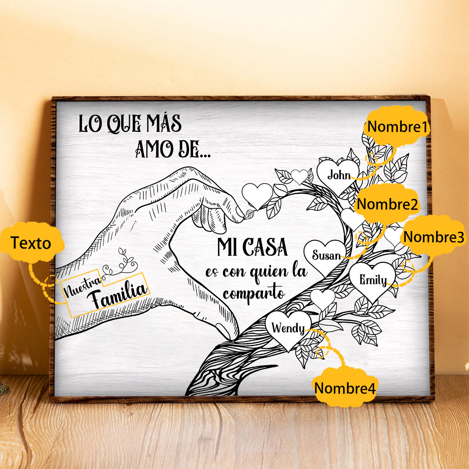 A la familia-Lámina de madera mano y árbol con corazones personalizados de 4 nombres con texto | Jessemade