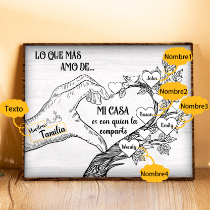 A la familia-Lámina de madera mano y árbol con corazones personalizados de 4 nombres con texto | Jessemade