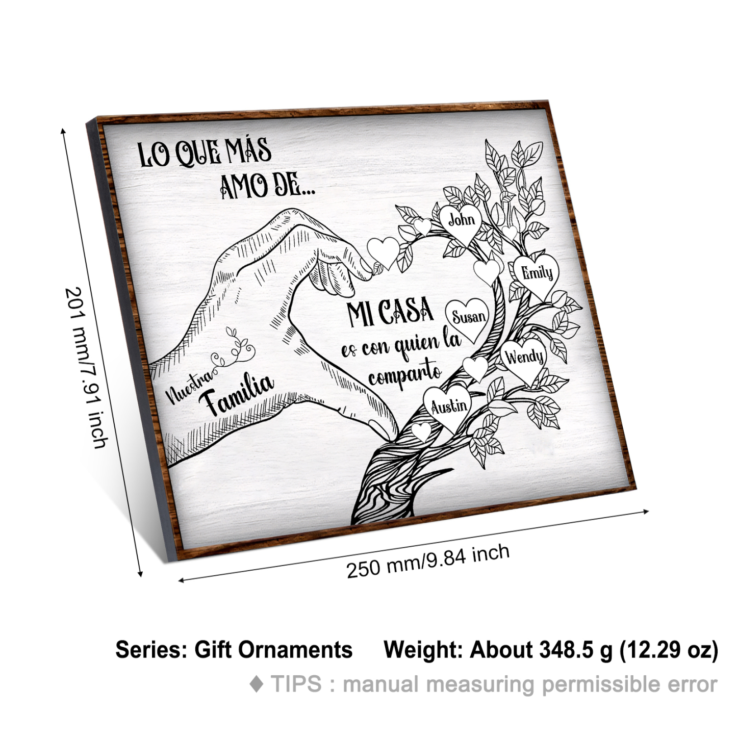 A la familia-Lámina de madera mano y árbol con corazones personalizados de 5 nombres con texto | Jessemade