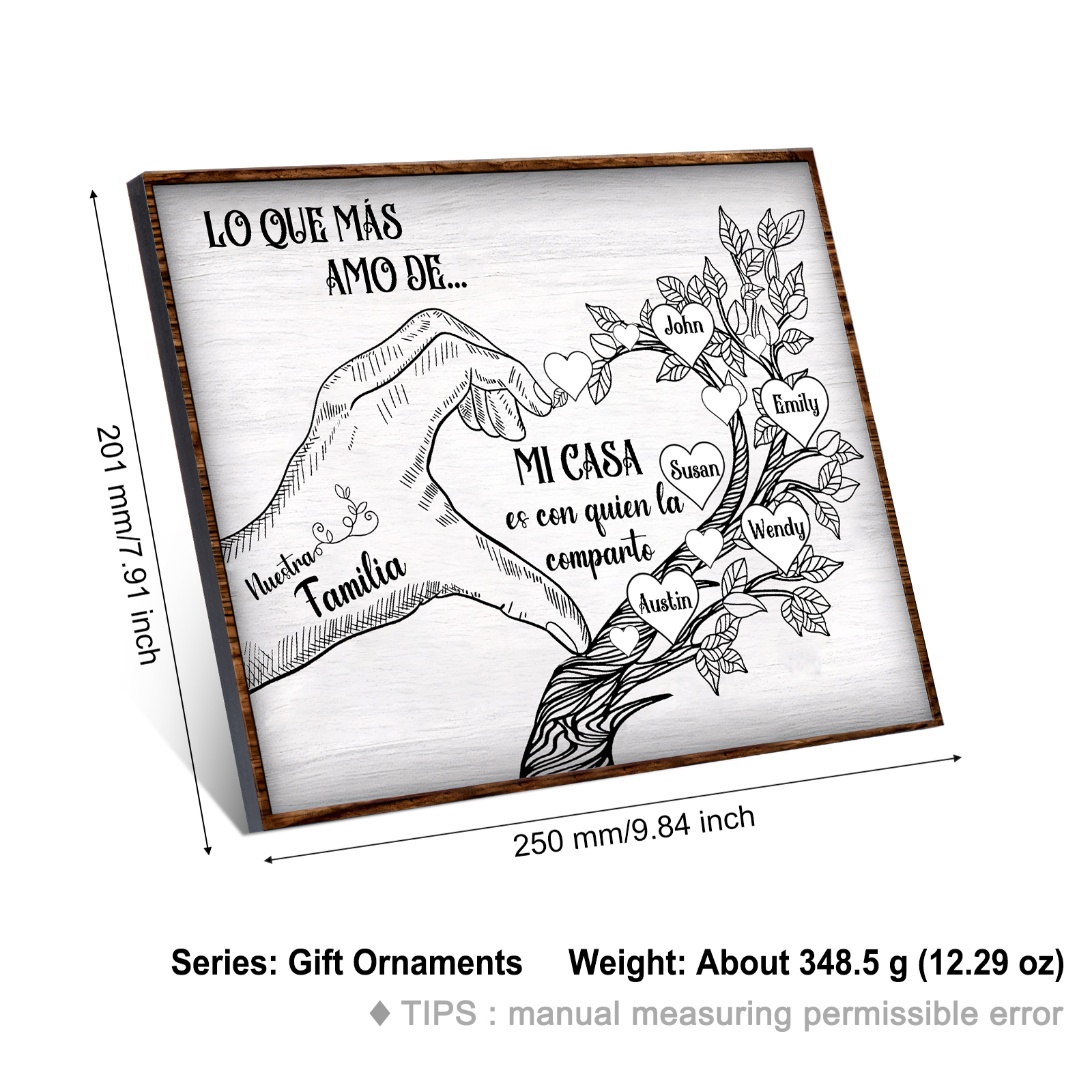 A la familia-Lámina de madera mano y árbol con corazones personalizados de 5 nombres con texto | Jessemade