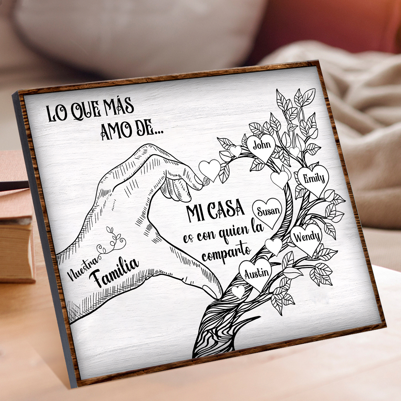 A la familia-Lámina de madera mano y árbol con corazones personalizados de 5 nombres con texto | Jessemade