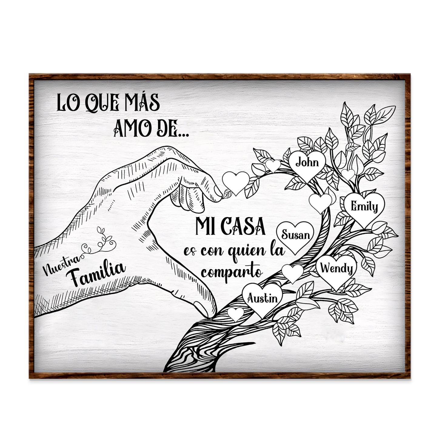 A la familia-Lámina de madera mano y árbol con corazones personalizados de 5 nombres con texto | Jessemade