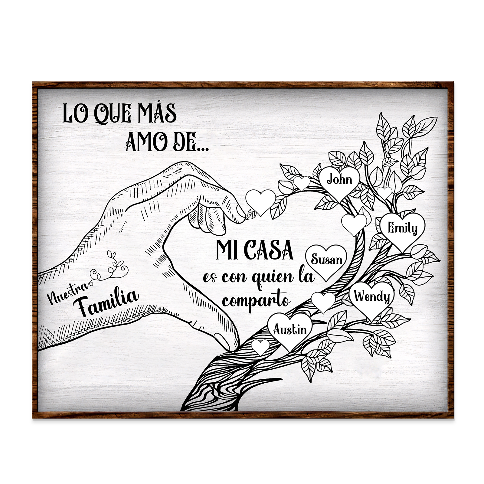 A la familia-Lámina de madera mano y árbol con corazones personalizados de 5 nombres con texto | Jessemade