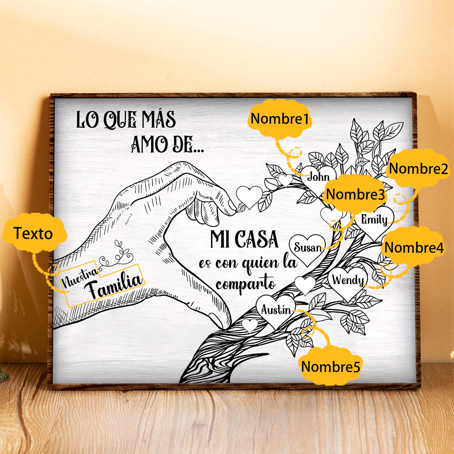 A la familia-Lámina de madera mano y árbol con corazones personalizados de 5 nombres con texto | Jessemade