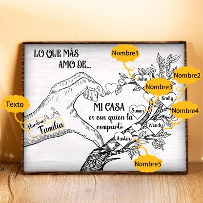 A la familia-Lámina de madera mano y árbol con corazones personalizados de 5 nombres con texto | Jessemade