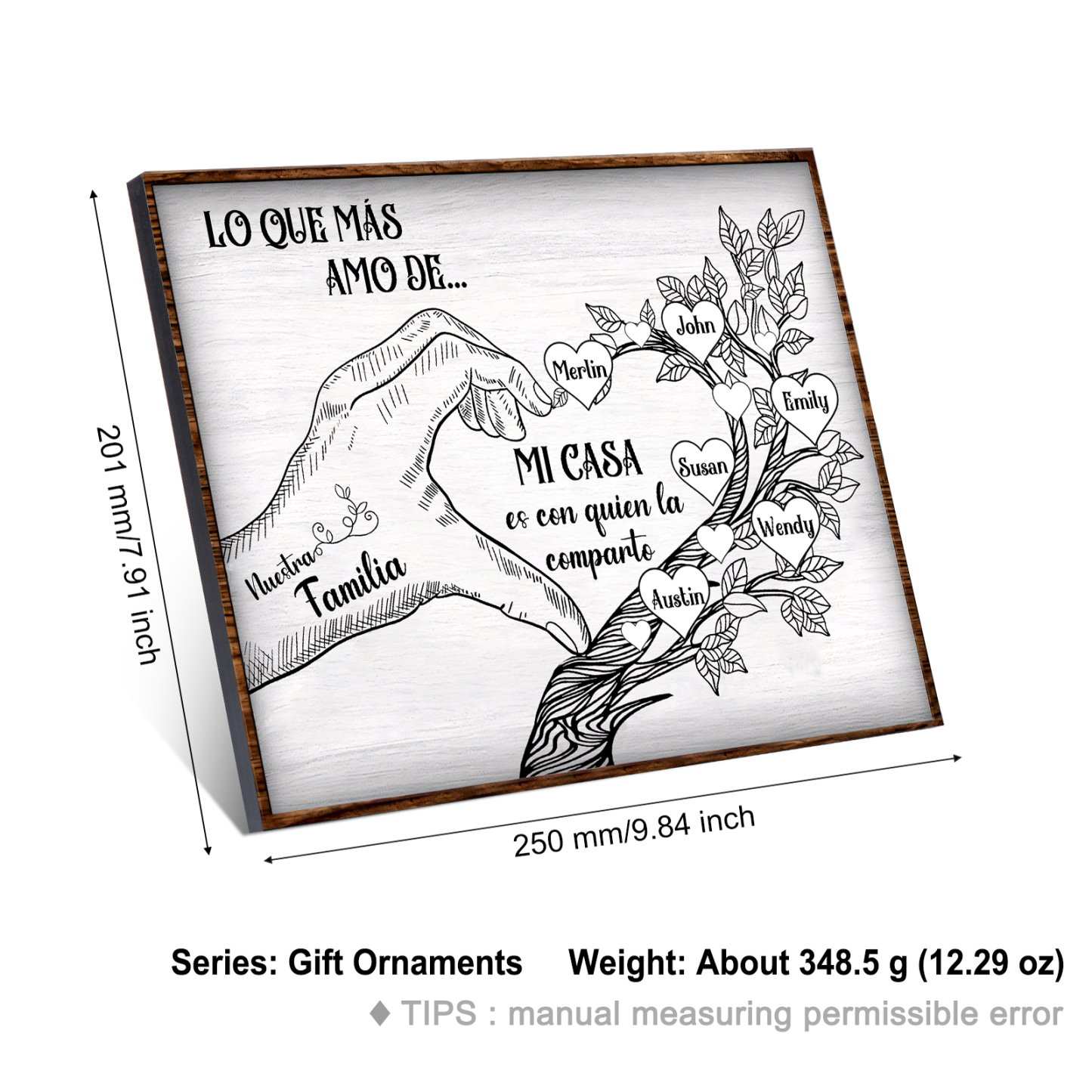 A la familia-Lámina de madera mano y árbol con corazones personalizados de 6 nombres con texto | Jessemade