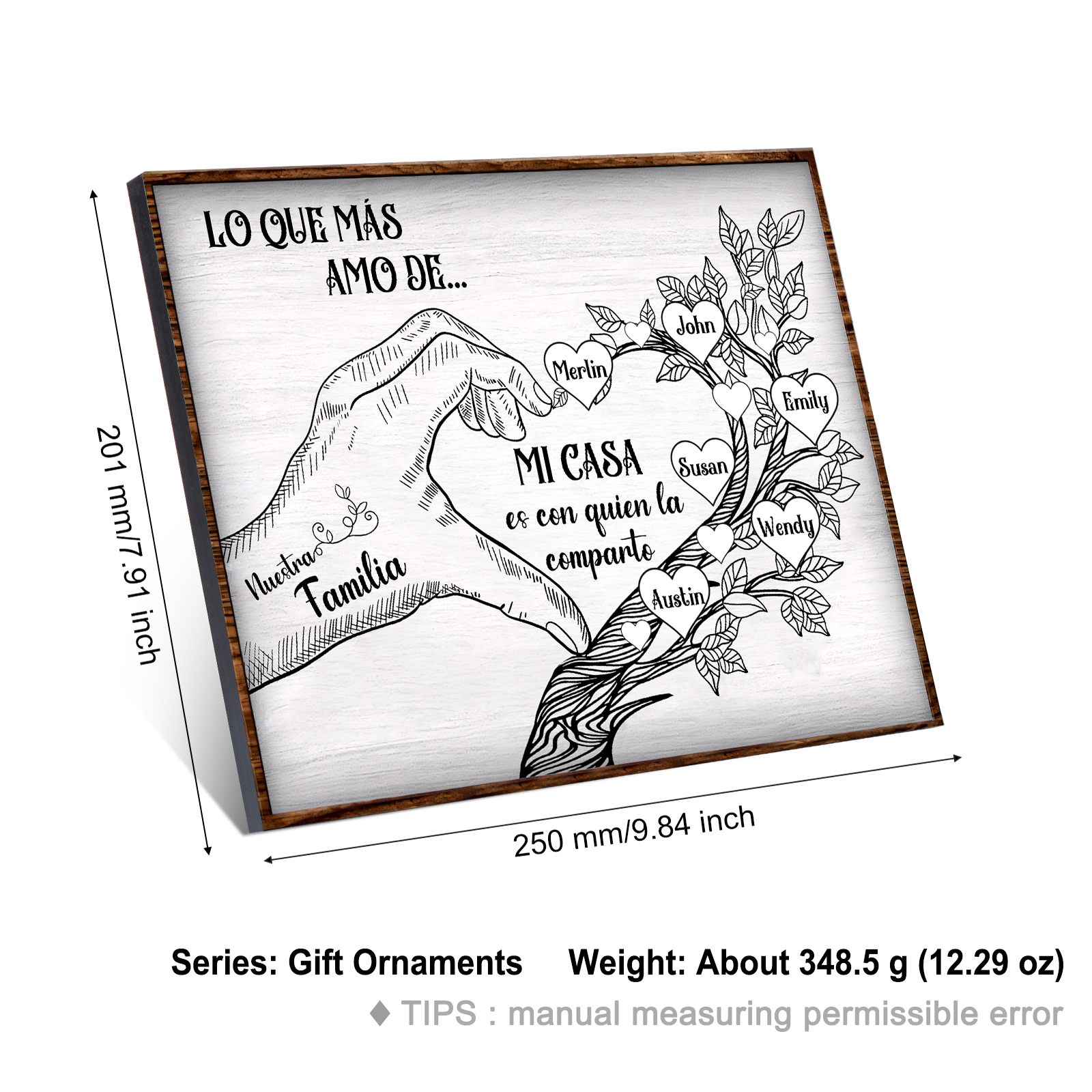 A la familia-Lámina de madera mano y árbol con corazones personalizados de 6 nombres con texto | Jessemade