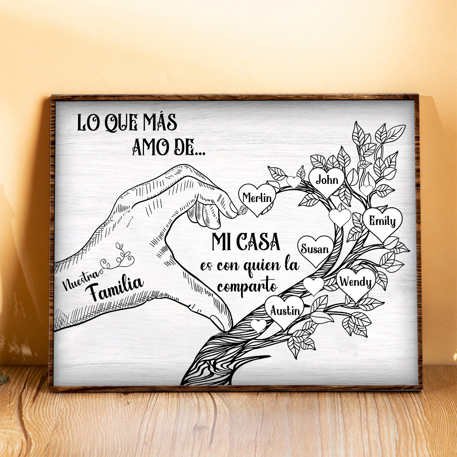 A la familia-Lámina de madera mano y árbol con corazones personalizados de 6 nombres con texto | Jessemade
