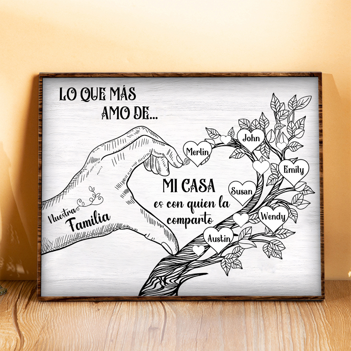 A la familia-Lámina de madera mano y árbol con corazones personalizados de 6 nombres con texto | Jessemade