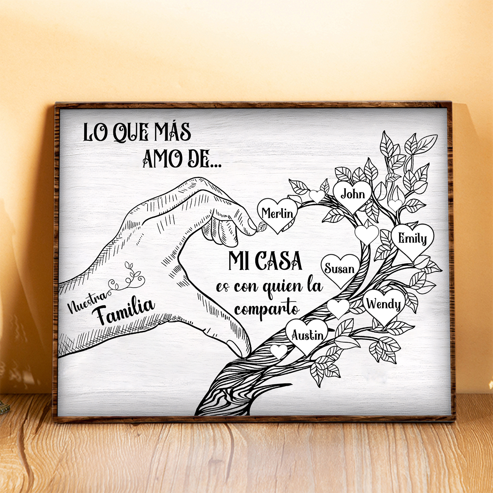 A la familia-Lámina de madera mano y árbol con corazones personalizados de 6 nombres con texto | Jessemade