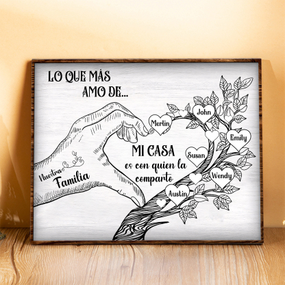 A la familia-Lámina de madera mano y árbol con corazones personalizados de 6 nombres con texto | Jessemade