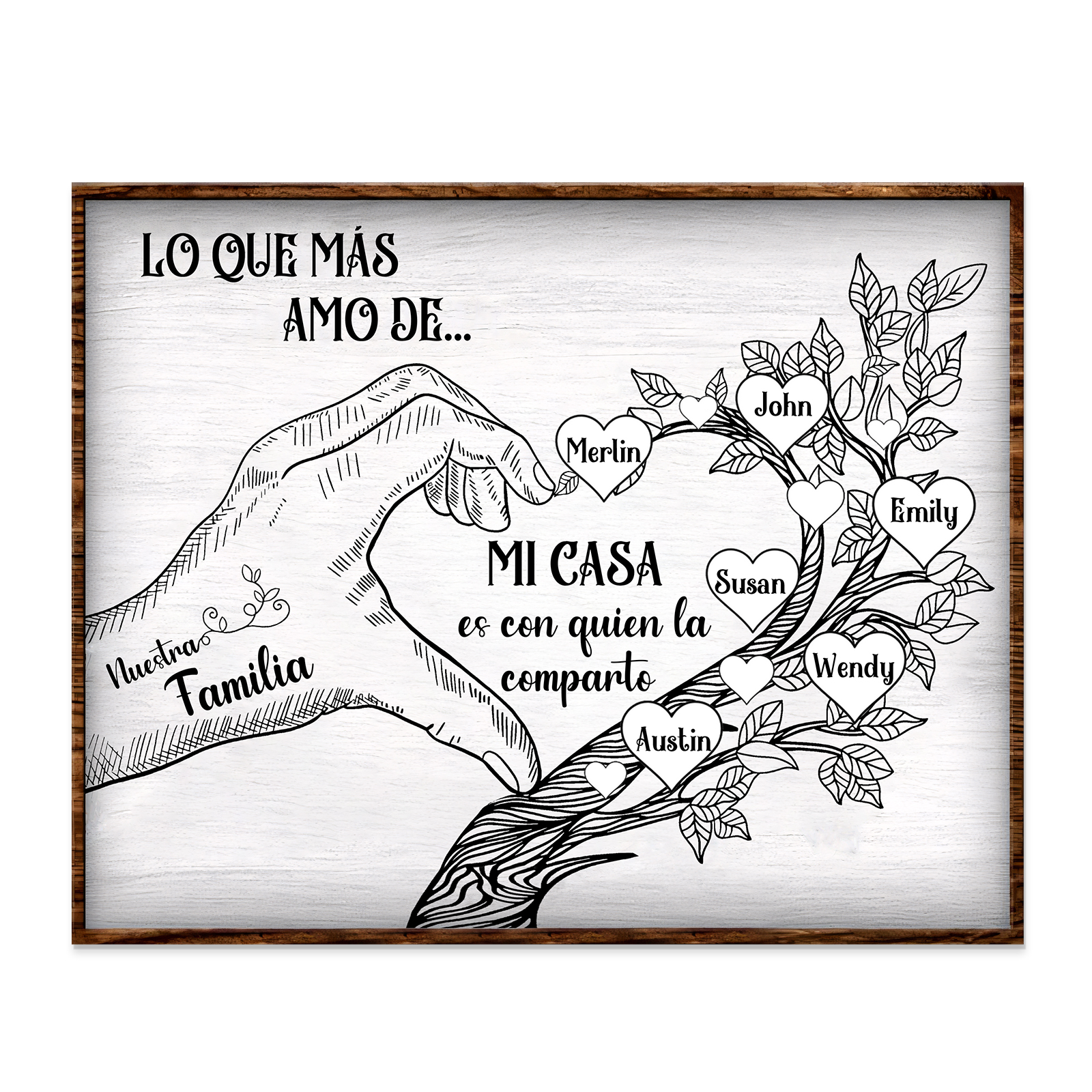 A la familia-Lámina de madera mano y árbol con corazones personalizados de 6 nombres con texto | Jessemade
