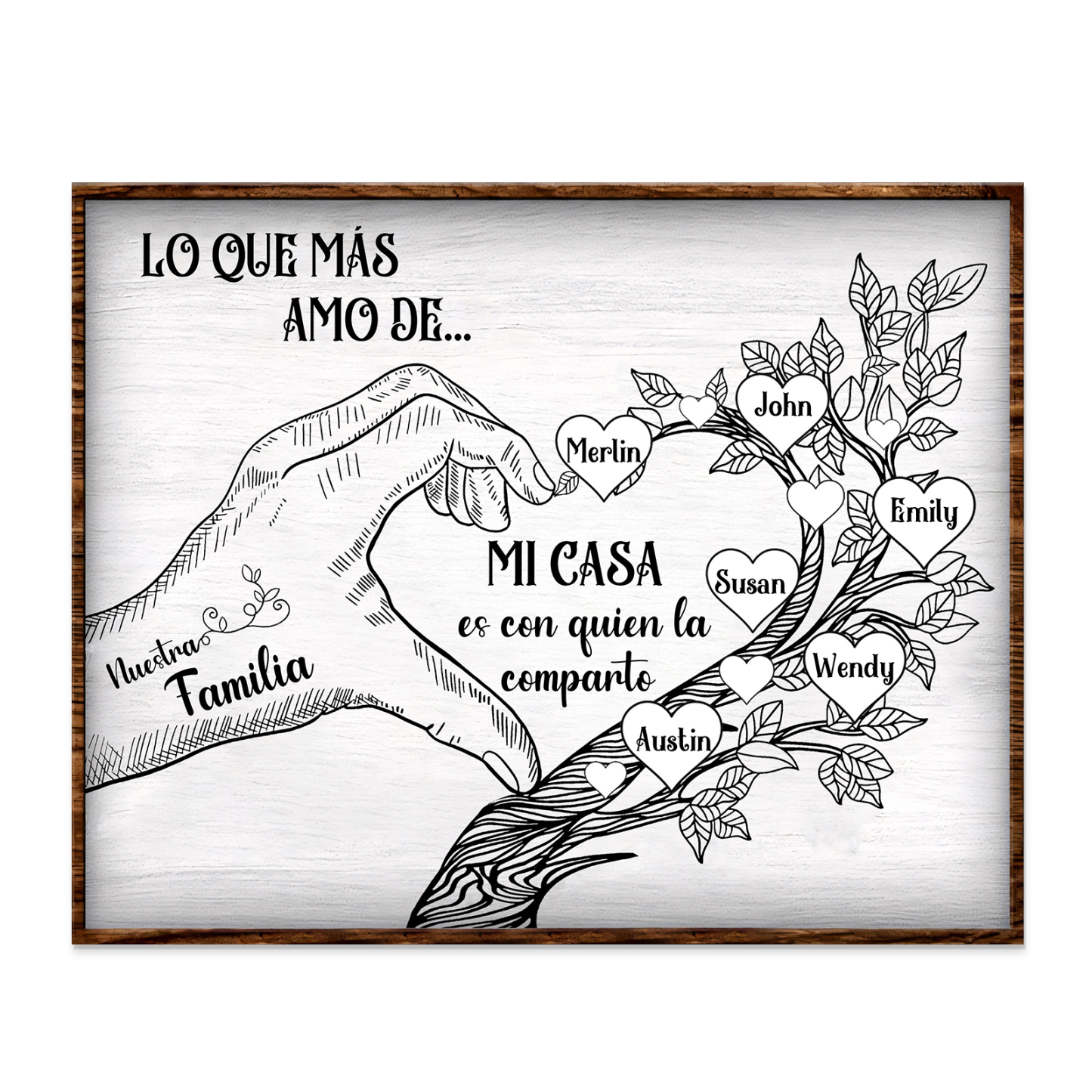 A la familia-Lámina de madera mano y árbol con corazones personalizados de 6 nombres con texto | Jessemade