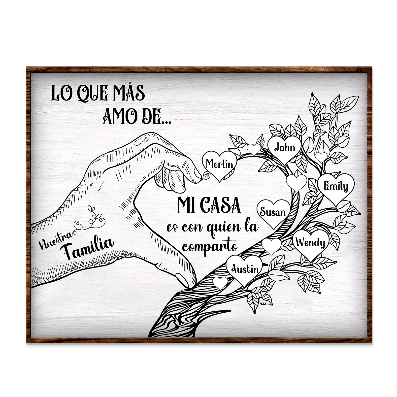 A la familia-Lámina de madera mano y árbol con corazones personalizados de 6 nombres con texto | Jessemade
