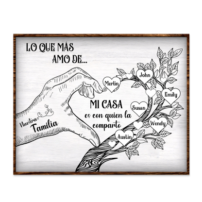 A la familia-Lámina de madera mano y árbol con corazones personalizados de 6 nombres con texto | Jessemade