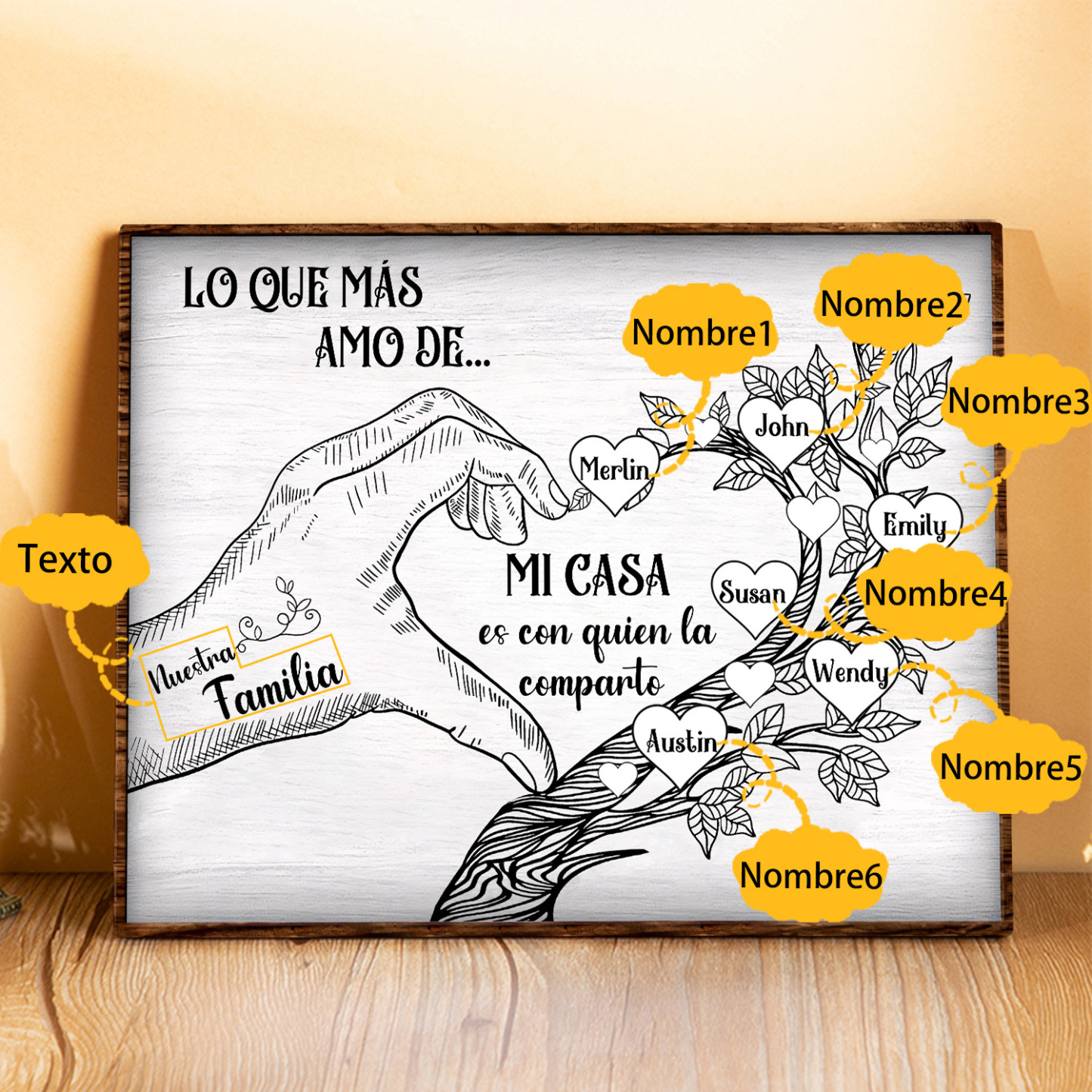 A la familia-Lámina de madera mano y árbol con corazones personalizados de 6 nombres con texto | Jessemade