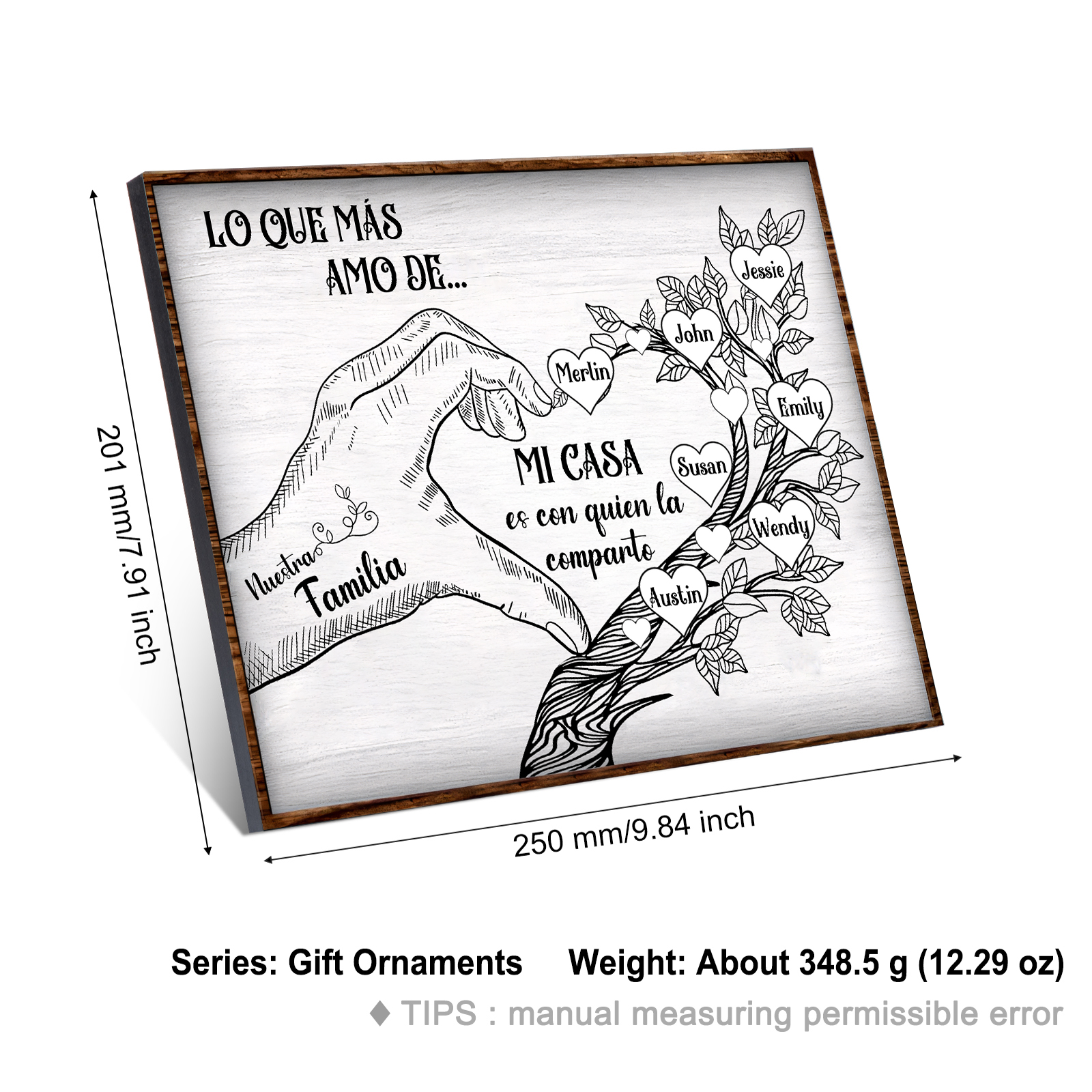 A la familia-Lámina de madera mano y árbol con corazones personalizados de 7 nombres con texto | Jessemade