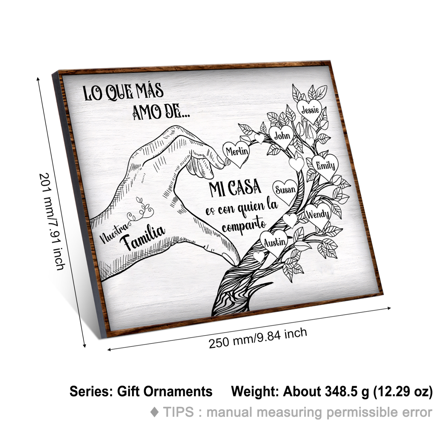 A la familia-Lámina de madera mano y árbol con corazones personalizados de 7 nombres con texto | Jessemade