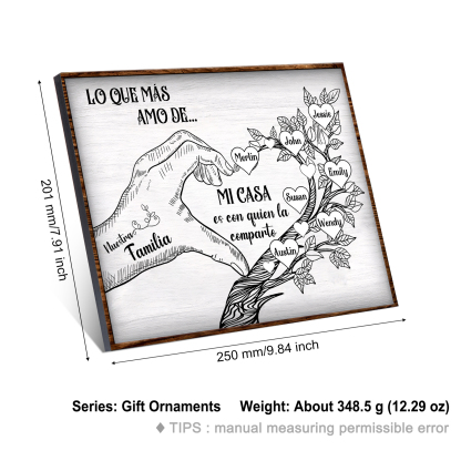 A la familia-Lámina de madera mano y árbol con corazones personalizados de 7 nombres con texto | Jessemade