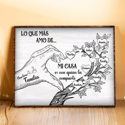 A la familia-Lámina de madera mano y árbol con corazones personalizados de 7 nombres con texto | Jessemade