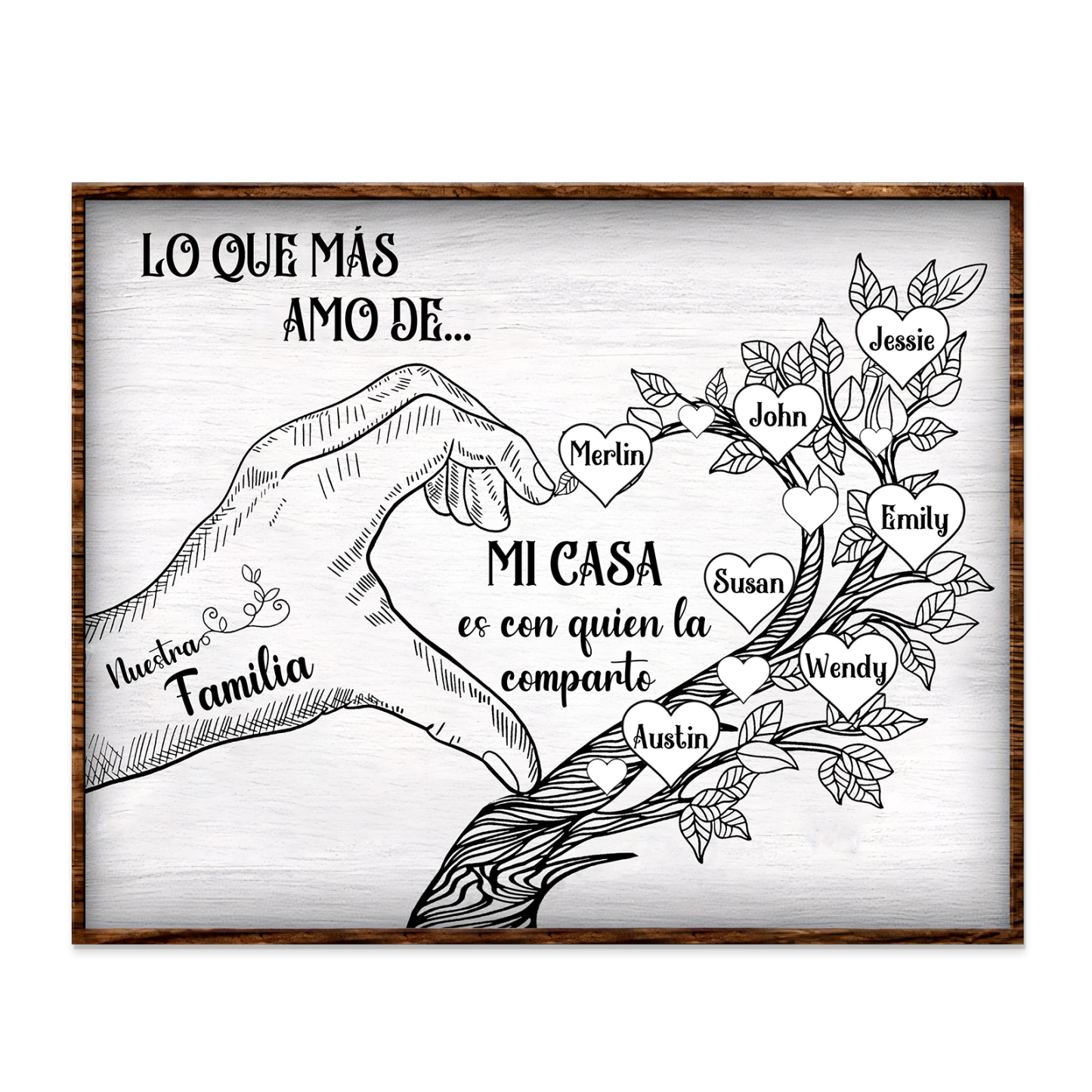 A la familia-Lámina de madera mano y árbol con corazones personalizados de 7 nombres con texto | Jessemade